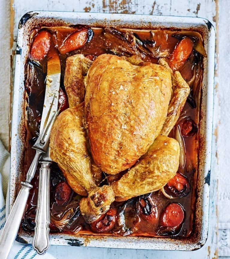 Beer and shallot roast chicken