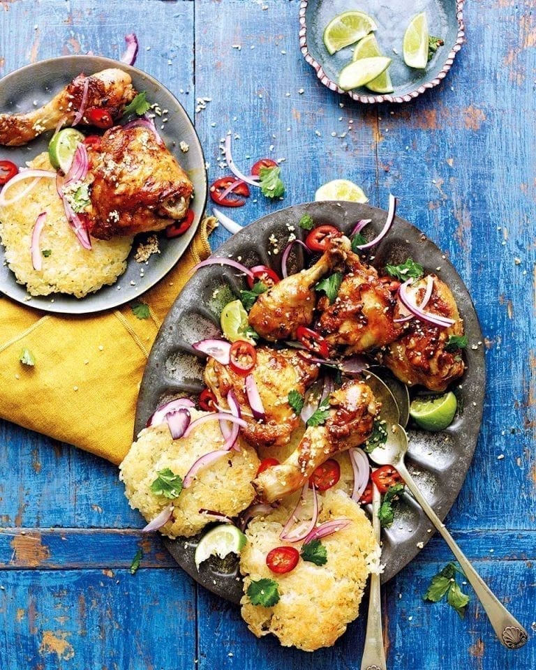 Burmese grilled chicken with sticky and crispy rice