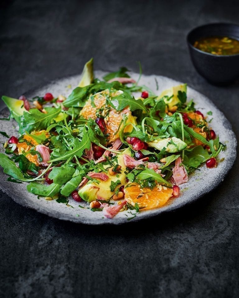 Clementine, avocado and ham hock salad