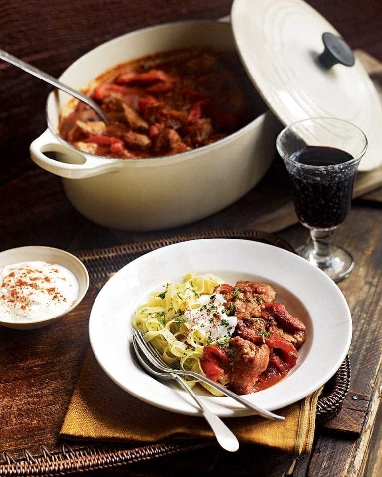 Paprika pork goulash and parsley butter noodles