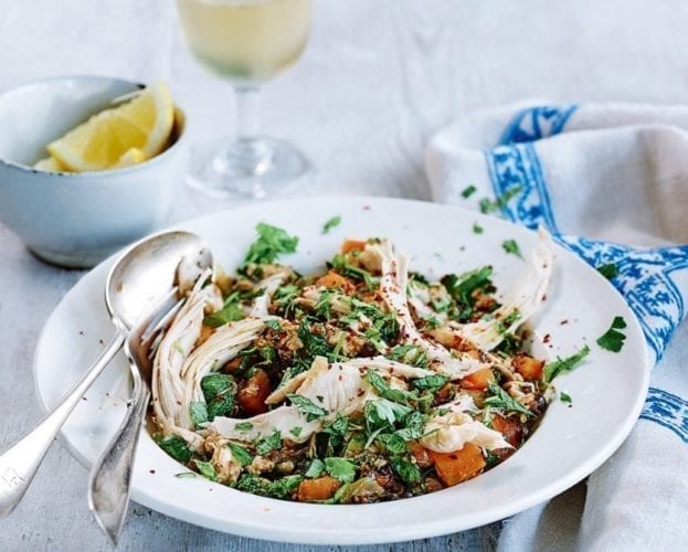Chicken thighs with curried leeks and lentils