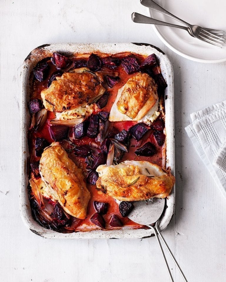 Goat’s cheese-stuffed chicken breasts with roasted beetroot