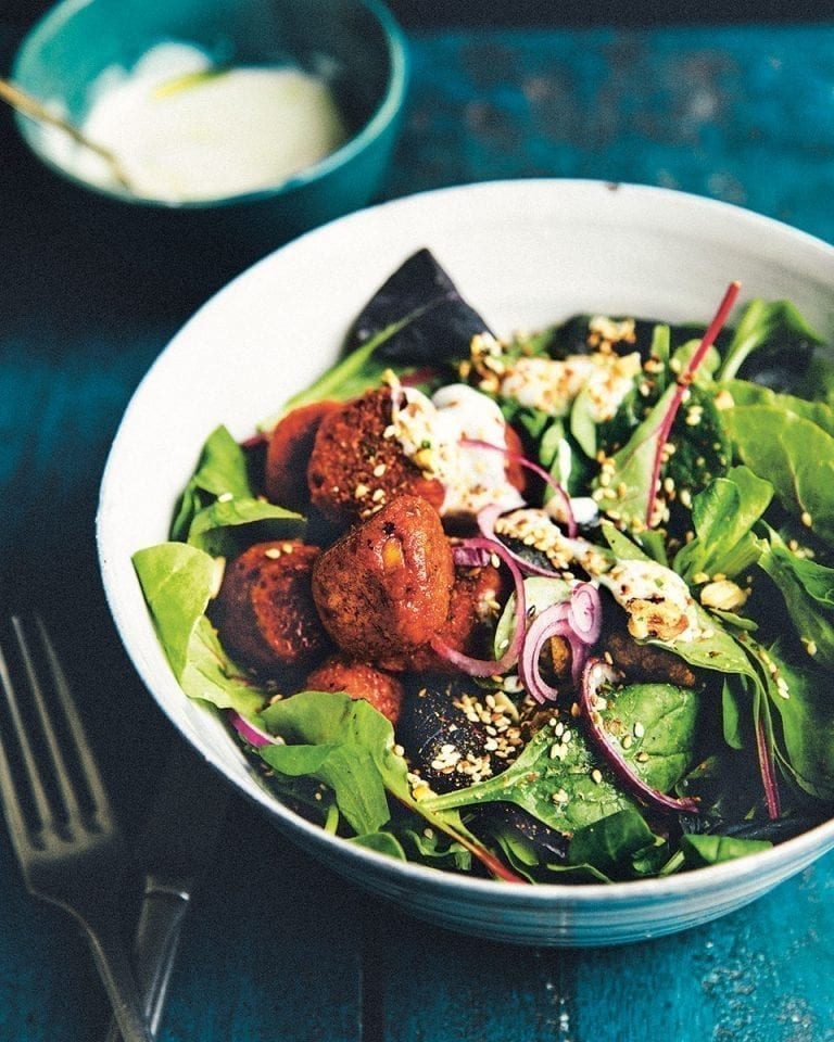 Beetroot falafel, dukkah and mint salad