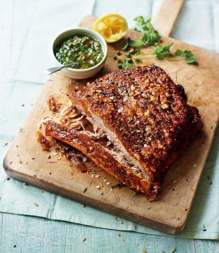 Slow-roast fennel and coriander pork belly with salsa verde