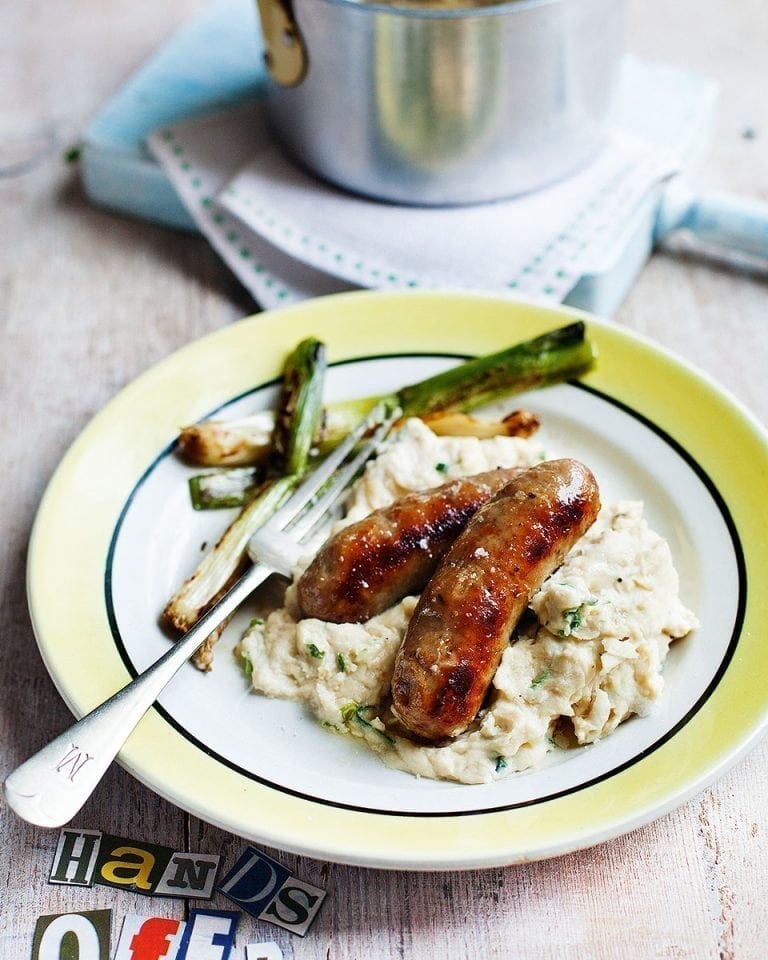 Sausages with griddled spring onion and butter bean mash