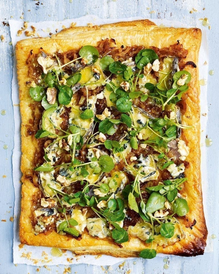 Blue cheese and sweet onion tart with watercress and walnuts