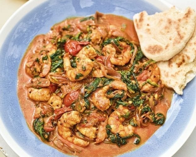 Prawn curry with feta and flatbreads