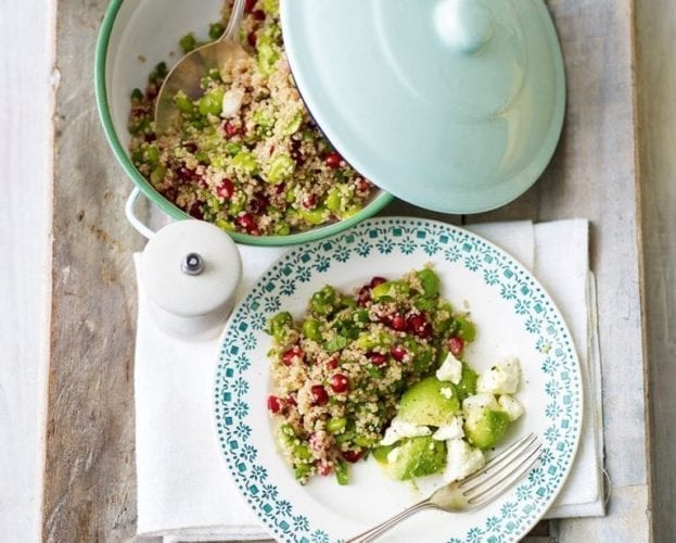 Warm quinoa salad with broad beans and pomegranate