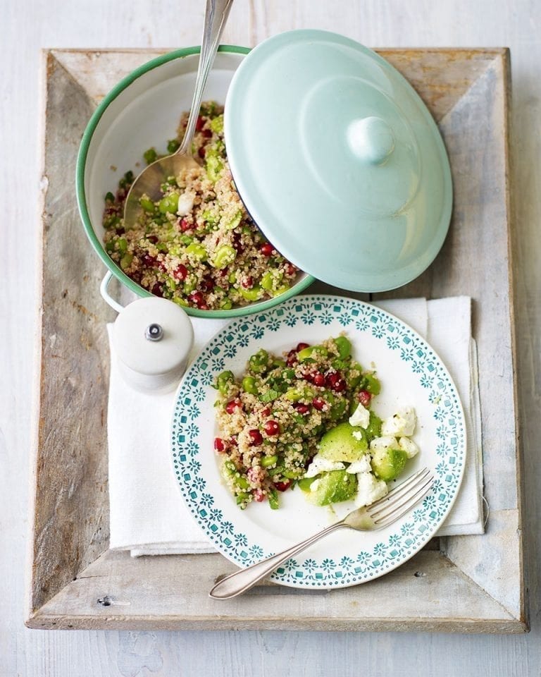 Warm quinoa salad with broad beans and pomegranate