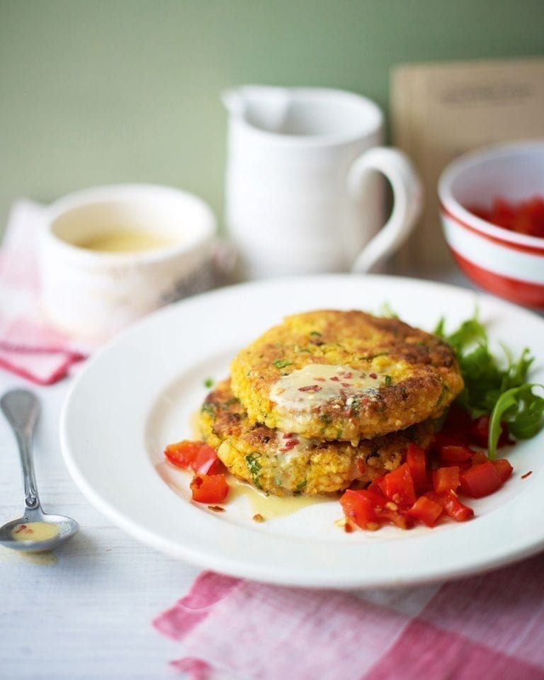 Thai-flavoured chickpea and millet cakes with red pepper sauce