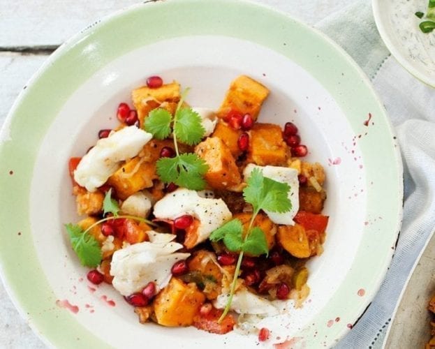 Crab and sweetcorn hash with watercress