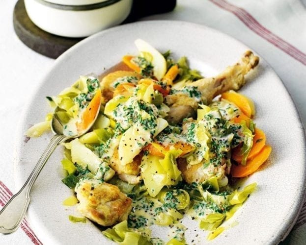 Farmhouse chicken casserole with carrots, leeks and potato