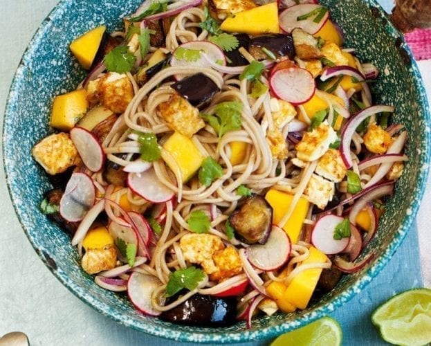 Soba noodles with aubergine and mango