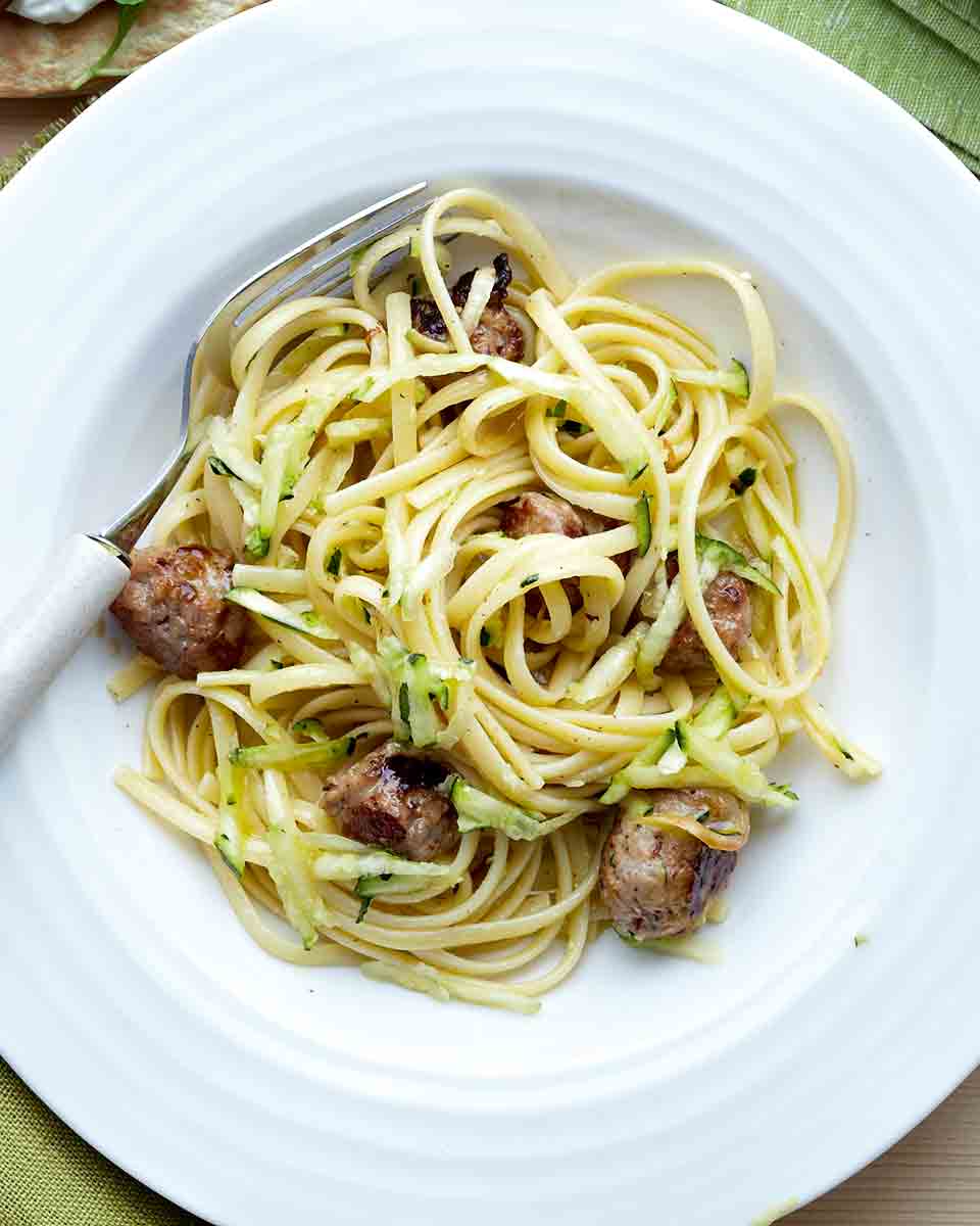 Sausage linguine with courgette and garlic recipe delicious. magazine