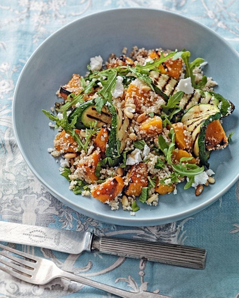 Rosemary-roasted butternut, courgette, amaranth and barley couscous salad