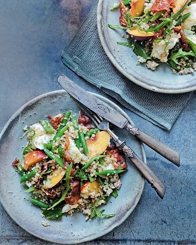 Parma ham, mozzarella and peach salad with buckwheat and quinoa