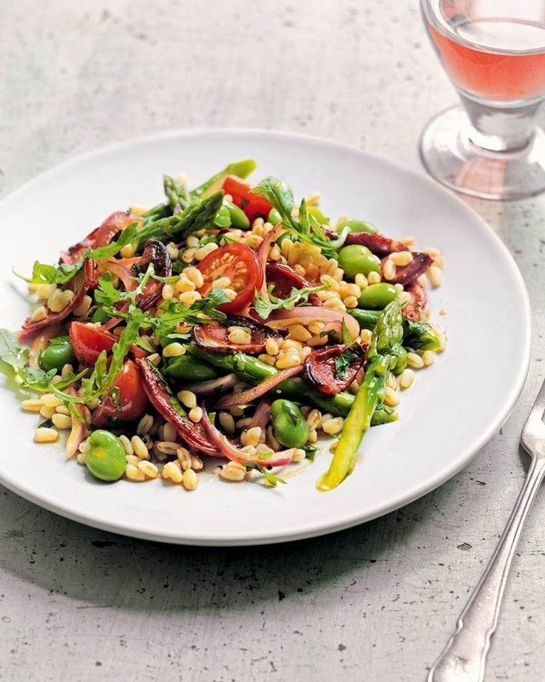 Wheat berry, broad bean, rocket and chorizo salad