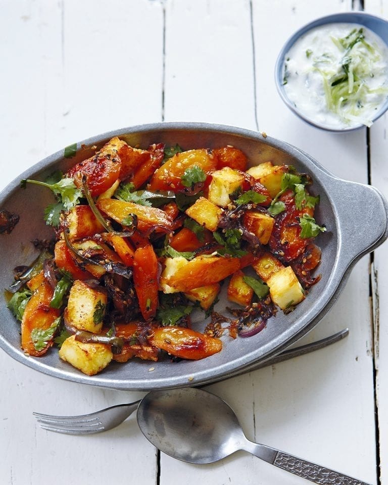 Spice-roasted carrots with paneer and sesame