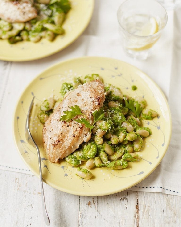 Griddled chicken with white beans and rocket pesto