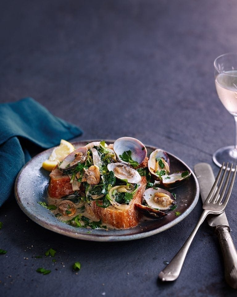 Lemon, parsley and spinach clams on toast recipe delicious. magazine