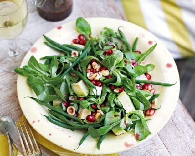 Warm pesto, chickpea and butter bean salad with halloumi