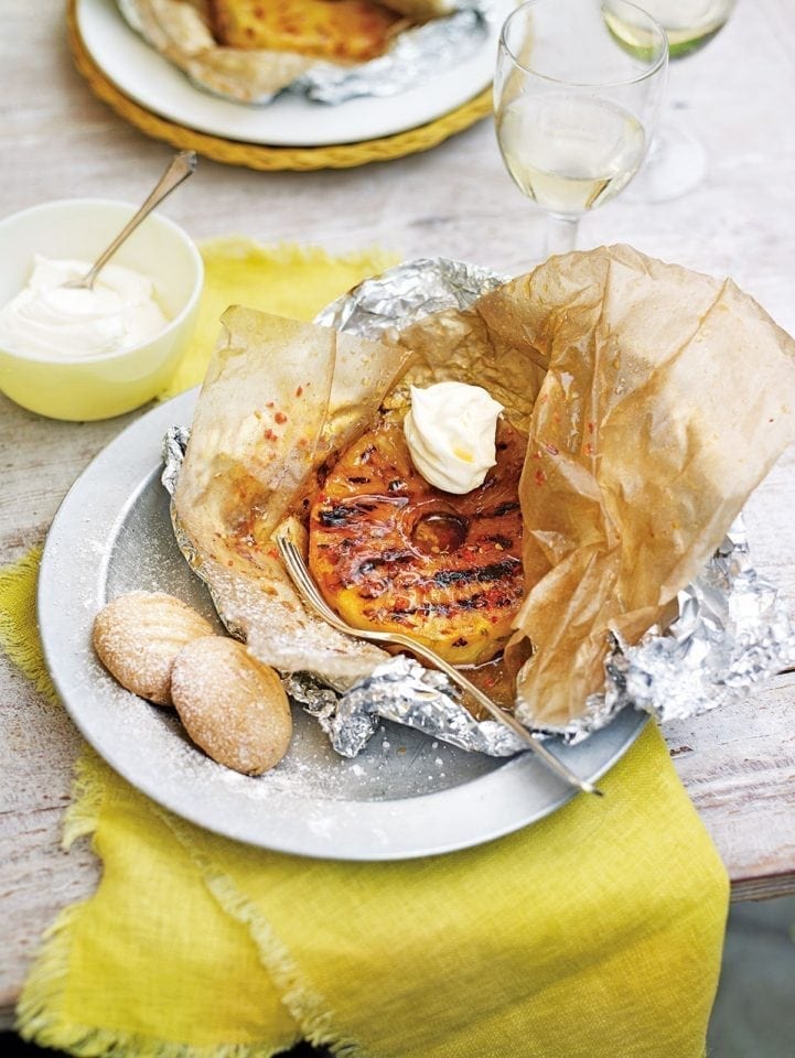 Chilli pineapple with mascarpone and ginger biscuits