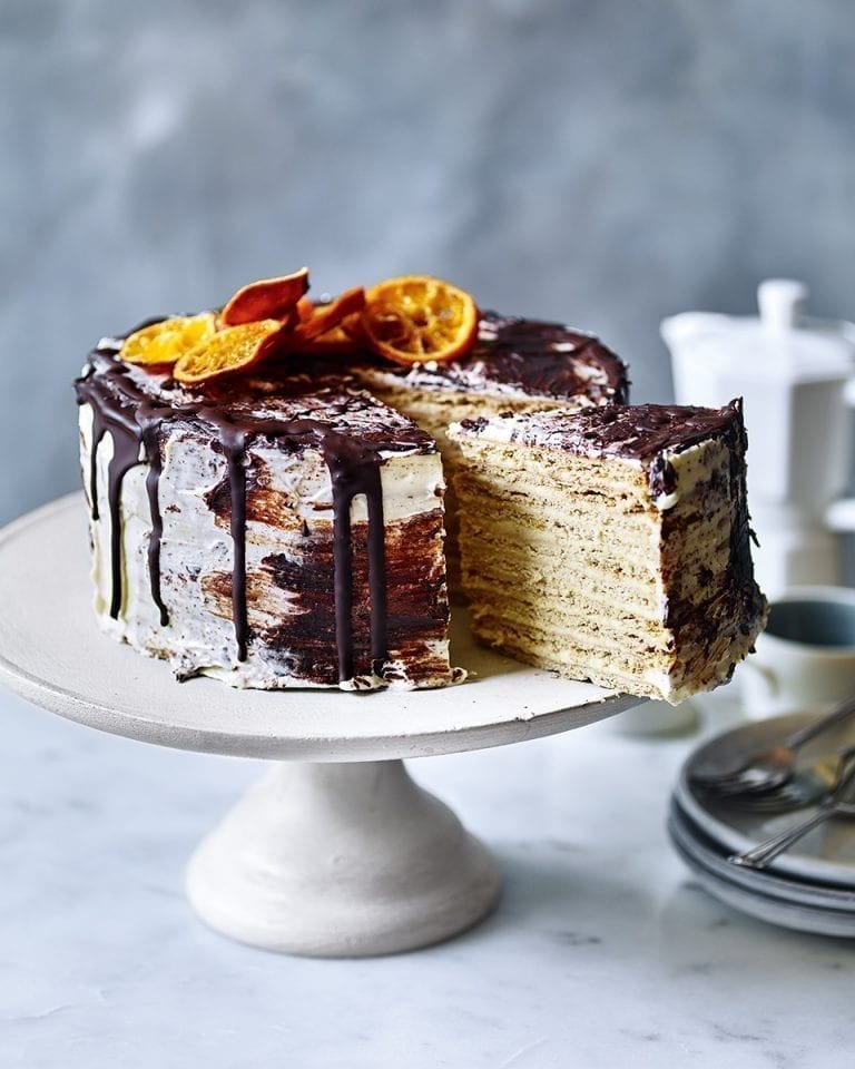 Ginger and honey biscuit cake with choc-orange icing