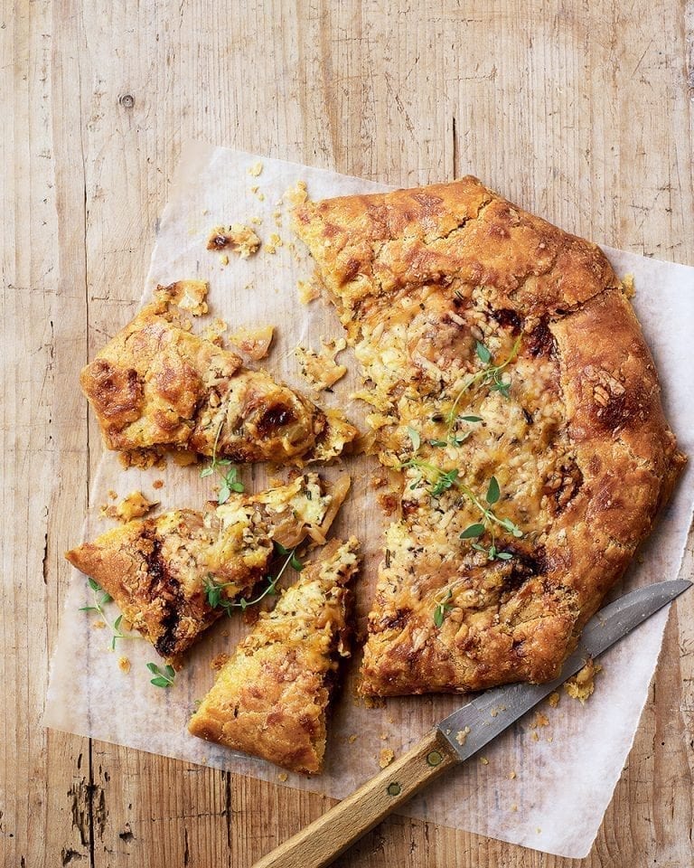 Cider-cooked apple, onion and cheese galette