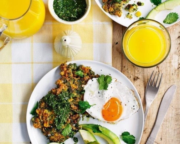 Sweetcorn fritters with avocado, fried egg and mint chutney