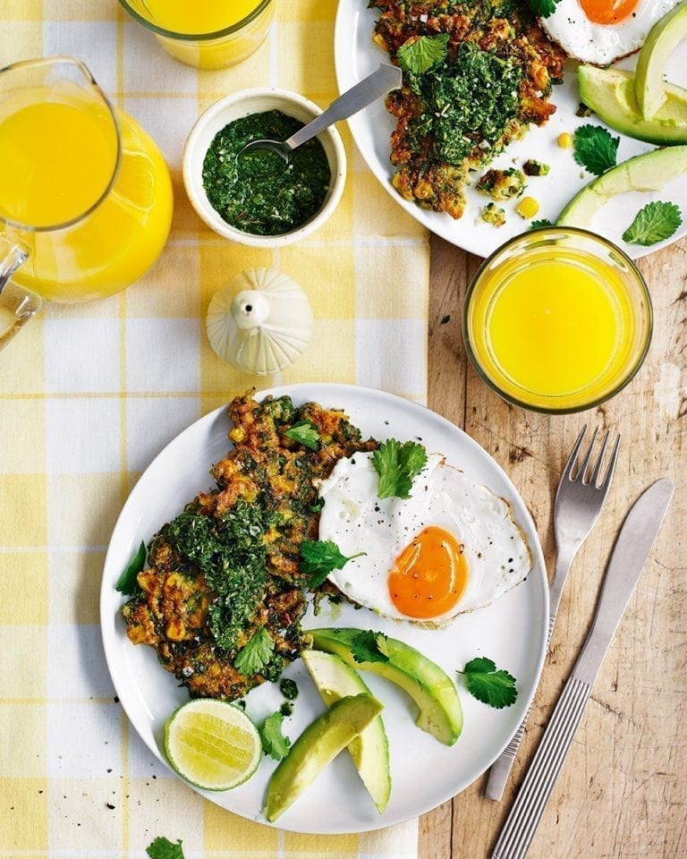 Sweetcorn fritters with avocado, fried egg and mint chutney recipe | delicious. magazine
