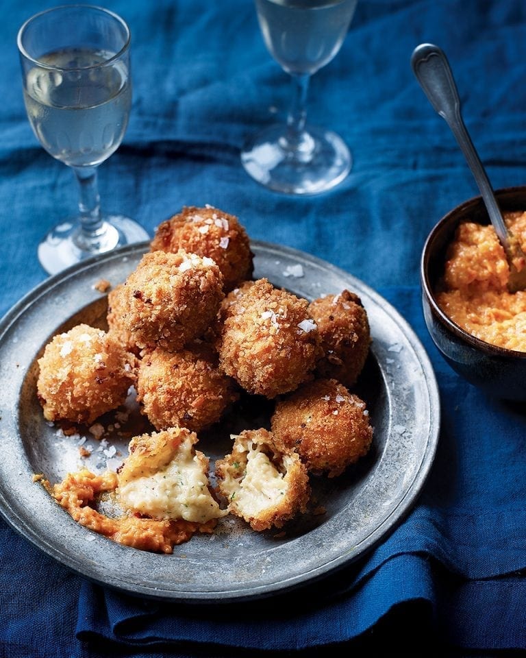 Crab croquetas with romesco dipping sauce recipe | delicious. magazine