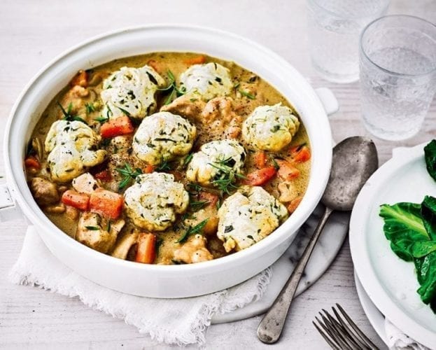 Healthier chicken casserole with tarragon dumplings