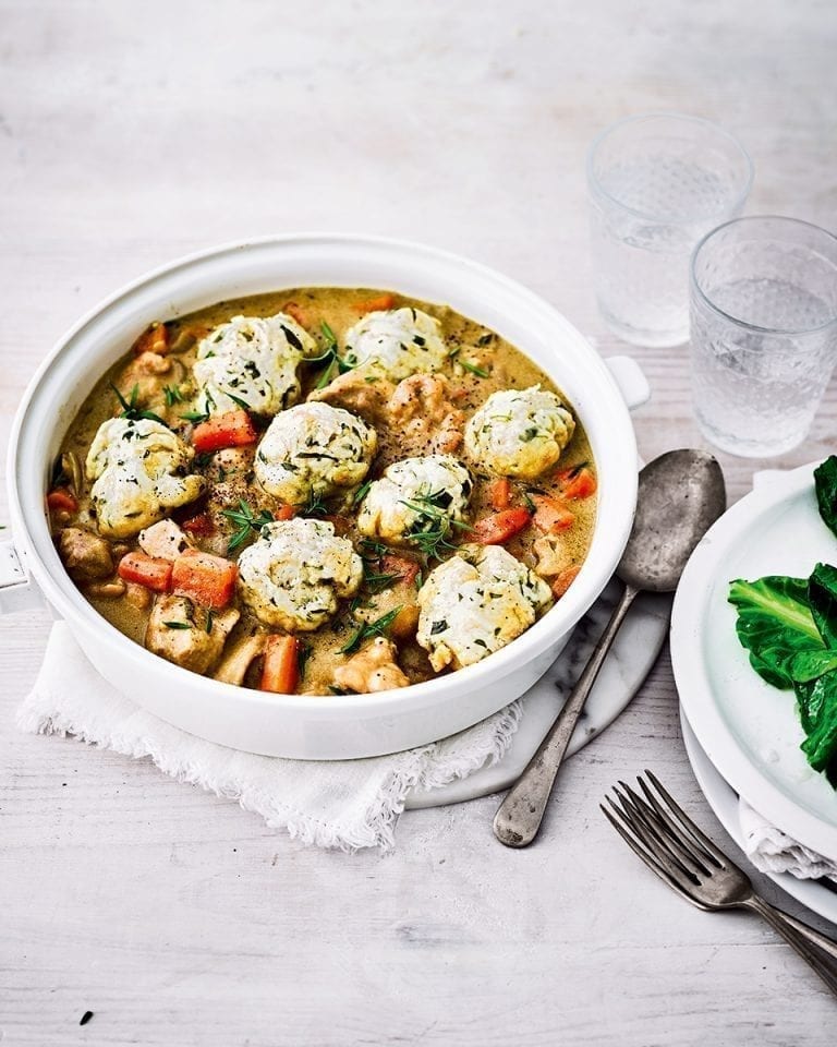 Healthier chicken casserole with tarragon dumplings