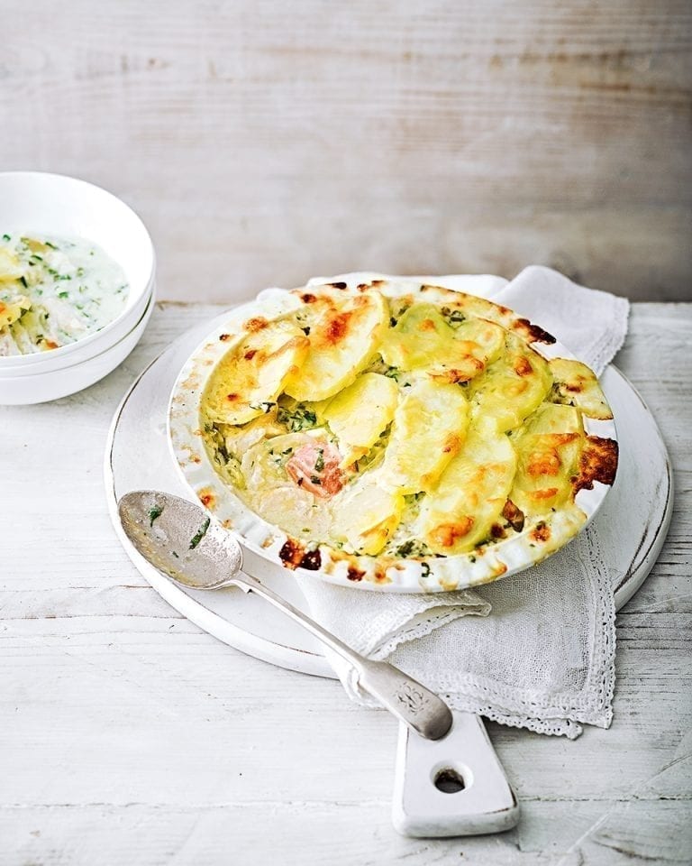 Fish pie with sliced potato topping
