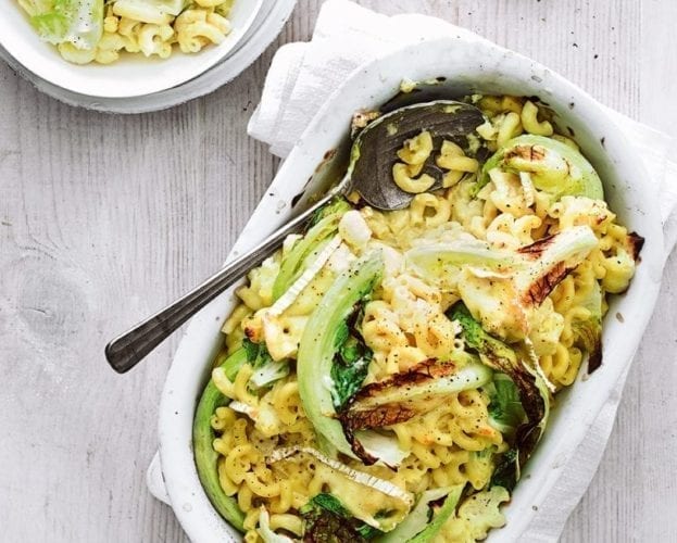 Cauliflower macaroni cheese shown in a white bowl