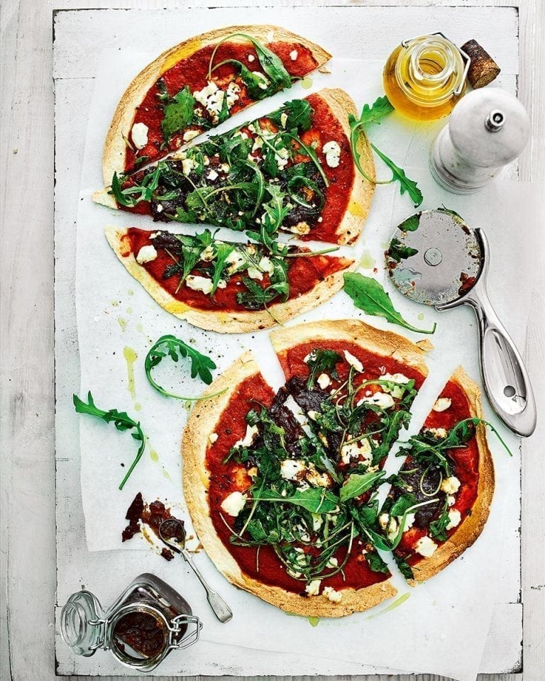 Caramelised onion chutney and goat’s cheese tortilla pizza