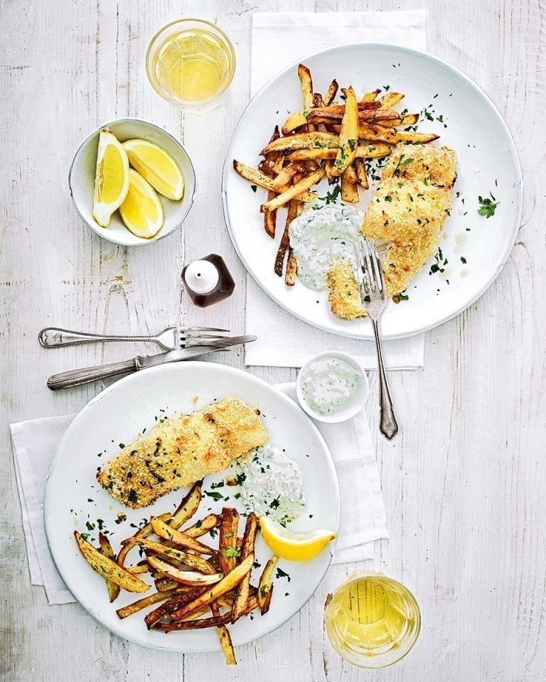 Fish and chips with lighter tartare sauce