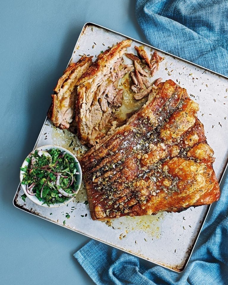 Slow-roast pork belly with sherry gravy and mint relish