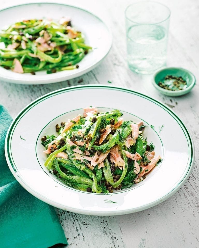Runner bean spaghetti with salmon and capers