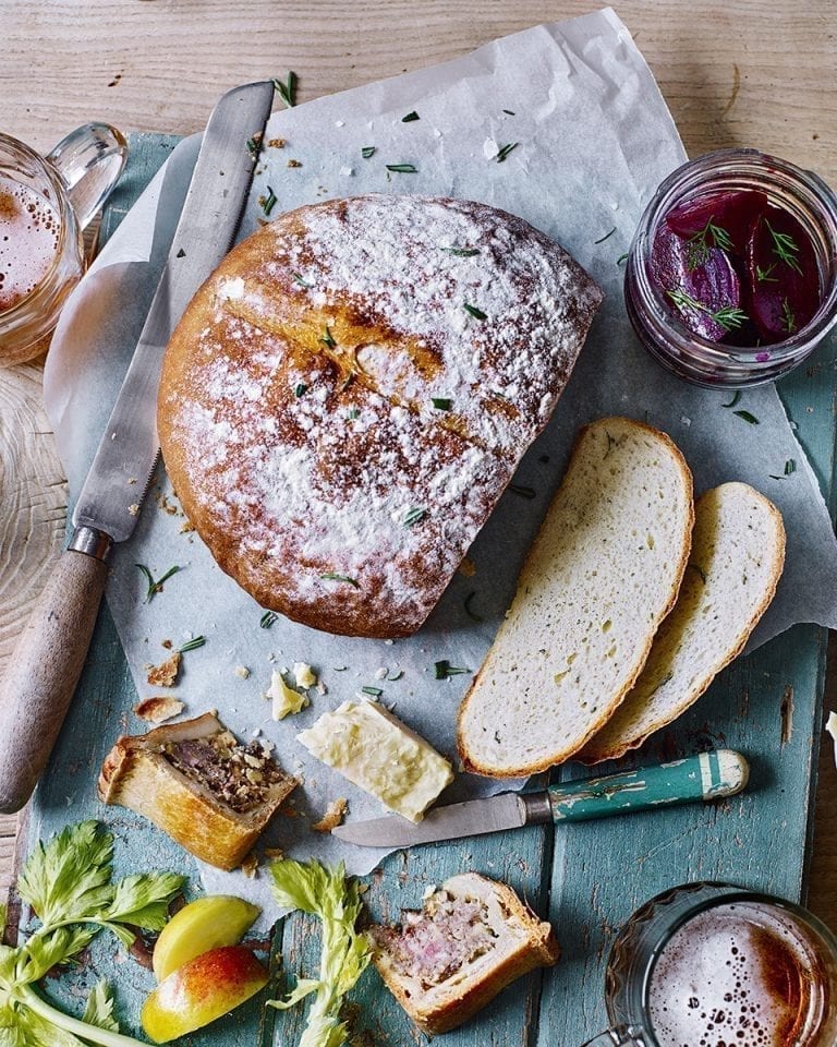 Potato and rosemary bread with beetroot and dill pickle