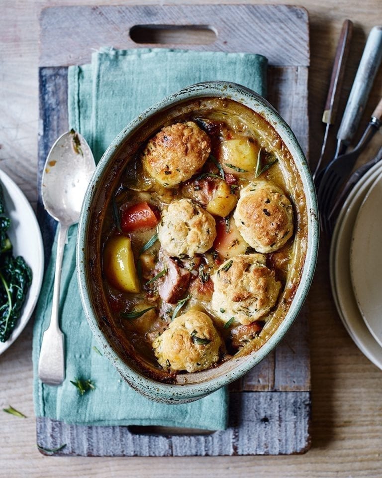 Pork and root vegetable casserole with fennel and mustard dumplings