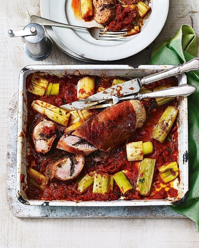 Baked pork tenderloin and leeks with black olive tapenade