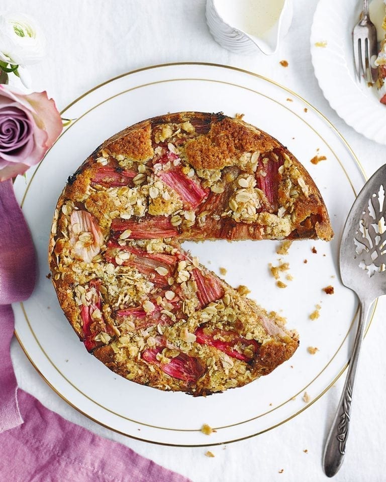 Oaty rhubarb and ginger streusel cake recipe delicious. magazine