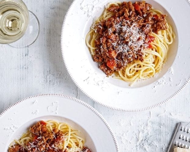 Easy spaghetti bolognese in white bowls