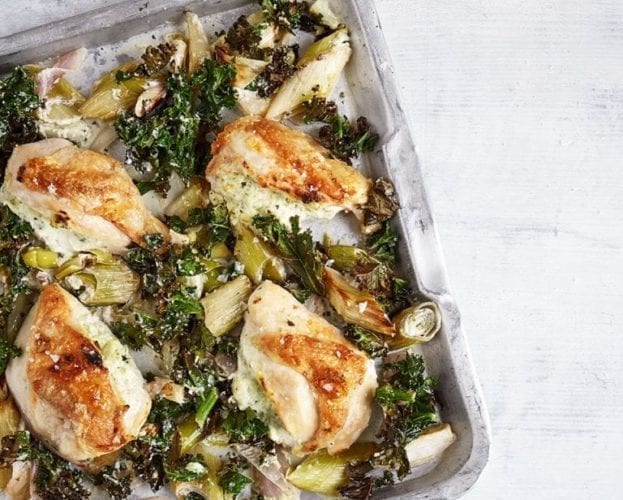 Chicken with creamy pesto and broad beans