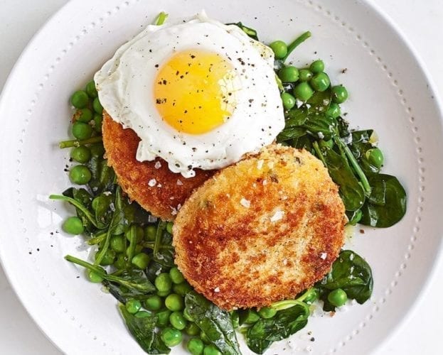 Fishcakes with minty peas and spinach