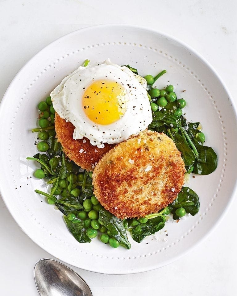 Fishcakes with minty peas and spinach