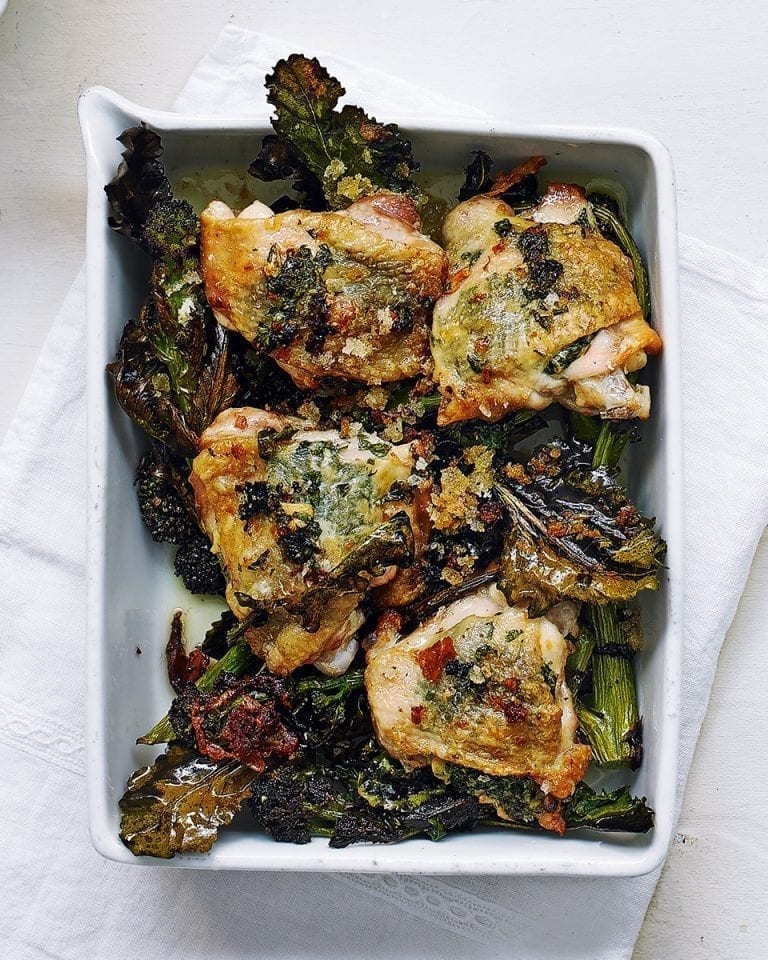 Garlic and parsley roast chicken with crunchy purple sprouting broccoli