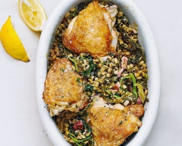 Chicken with baked pearl barley risotto