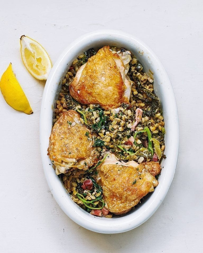 Chicken with baked pearl barley risotto